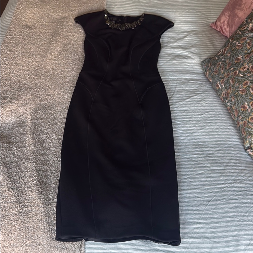 Ted Baker Black Midi Dress with Embellished Neckline